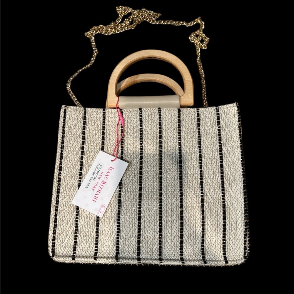 Isaac Mizrahi Cream and Black Tote with Wooden Handles